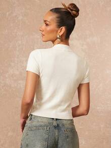 Lumalex Ivory Knit Crop Top With Mandarin Collar Short Sleeves Frog Knot Buttons Front Keyhole Cutouts Ribbed Cuffs Luxury Top Outfits For Parties Dates Daily - Apricot - View 10