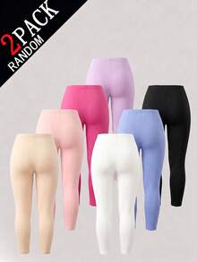 1 Set de Leggings de Capa Base de unicolor para Niñas, Estilo Caja Sorpresa, 7 Piezas Enviadas al Azar, 2 Piezas Incluidas, Estilo Básico Multicolor Sólido, Cubriendo Rosa Claro, Azul Cielo, Blanco, Negro, Rojo Rosa, Púrpura, Nude, Etc., La Tela es Tela de Poliéster Ligera y Suave, Se Ajusta al Body sin Apretar, Lavable a Máquina, Tacto Suave - Multicolor - Ver 2