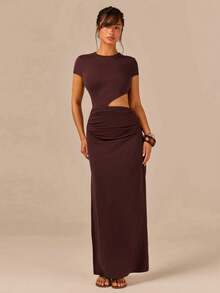 Athîral Women's Casual Dark Brown Short Sleeve Waist Cutout Maxi Bodycon Dress,  Summer Outfit, Commute Outfit, Casual Dress Vacation - Brown - View 8