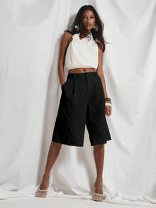 MUSERA Tailored Pleated Wide Leg Long Shorts Cute Holiday Sexy Night Out Vacation Spring Summer Elegant Soleil Drape Luxury - Black - View 1