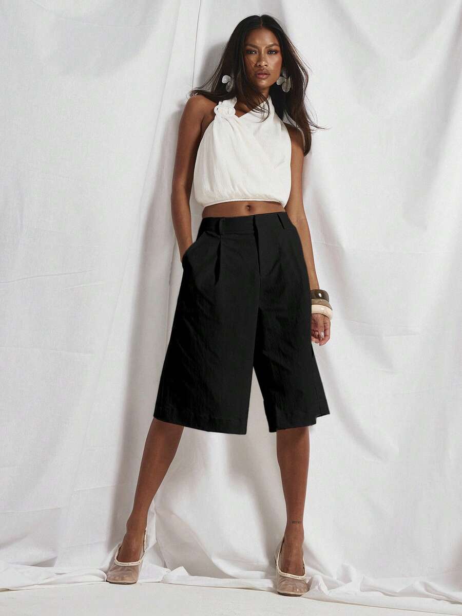 MUSERA Tailored Pleated Wide Leg Long Shorts Cute Holiday Sexy Night Out Vacation Spring Summer Elegant Soleil Drape Luxury - Black - View 1
