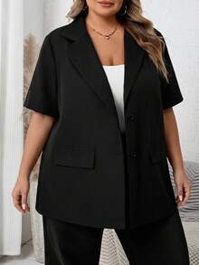 SHEIN CURVE+ 大尺碼女款V領短袖休閒西裝外套，適合畢業季、返校季、教師秋季穿搭 - 黑色 - 查看 4