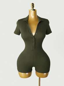 Mistrie Women's Fashion Ribbed Button Short Sleeve Fitted Romper - Army Green - View 5