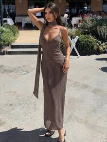 Firerie Women's New Black And White Striped Mesh Print Backless Spaghetti Strap Maxi Dress, Sexy Long High Elastic Flowing Vacation Style V-Neck Brunch Summer - Chocolate Brown - View 5