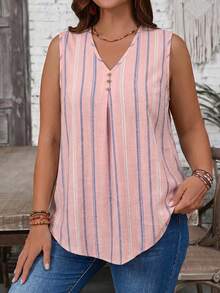 EMERY ROSE Striped Plus Size V-Neck Sleeveless Shirt Suitable For Summer - Multicolor - View 3