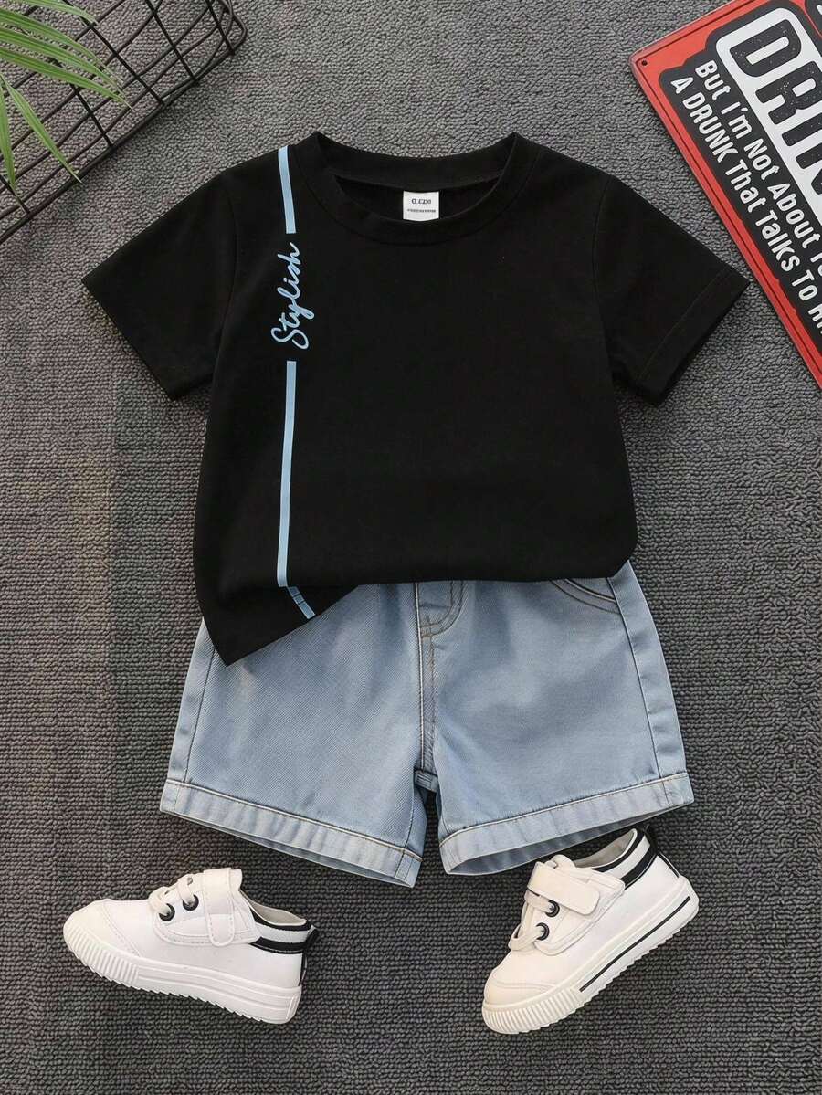 SHEIN 男女嬰兒/男嬰 2件組 春夏休閒可愛黑色T恤上衣與牛仔短褲套裝，男嬰套裝，男嬰夏季服裝，柔軟，街頭風，牛仔，牛仔褲