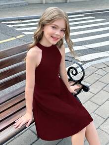 SHEIN Vestido casual de línea A sin mangas con cuello alto y cintura ceñida para niñas preadolescentes - Burdeos - Ver 3