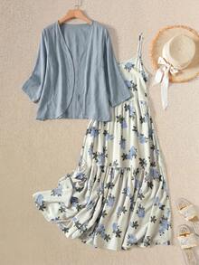 Rusticease Women's Solid Color Cardigan And Floral Print Camisole Dress Casual Tropical Daily 2-Piece Set Vacation Aqua Blue White And Blue Floral Summer - Baby Blue - View 1