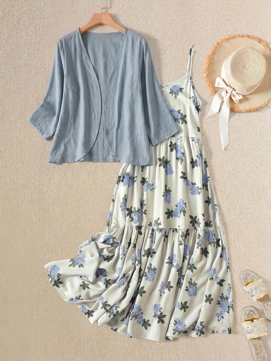 Rusticease Women's Solid Color Cardigan And Floral Print Camisole Dress Casual Tropical Daily 2-Piece Set Vacation Aqua Blue White And Blue Floral Summer - Baby Blue - View 1