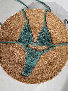 Swim Vcay 2026 Spring/Summer Green Textured Fabric Beaded Spaghetti Strap Side High Cut Lace-Up Bikini 2 Pieces Swimwear For Women - Green - View 3