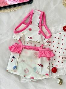 PETSIN 两件式泳衣，荷叶边热带印花宠物泳装，速干幼犬泳衣，可爱沙滩图案，适合小型犬和猫的夏季泳池沙滩装 - 白色 - 查看 4
