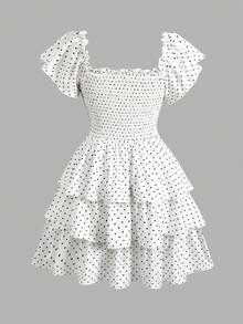SHEIN 青少年女孩休閒度假白色紋理方領荷葉袖層次荷葉邊A字洋裝 - 白色 - 查看 2