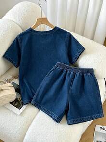 Franclia Women's Solid Color Short Sleeve Round Neck Shirt And Drawstring Shorts 2-Piece Set - Royal Blue - View 2
