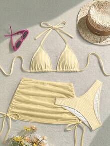 Soleia Set Baju Renang Wanita Terdiri dari Atasan Bikini Segitiga Halter Bergaris, Bawahan Bikini Segitiga, dan Rok Jala Pendek dengan Tali Serut. - Kuning muda - View 7