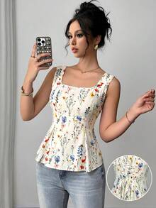 SHEIN 布料印花開領打褶綁帶無袖女式襯衫 - 彩色 - 查看 3