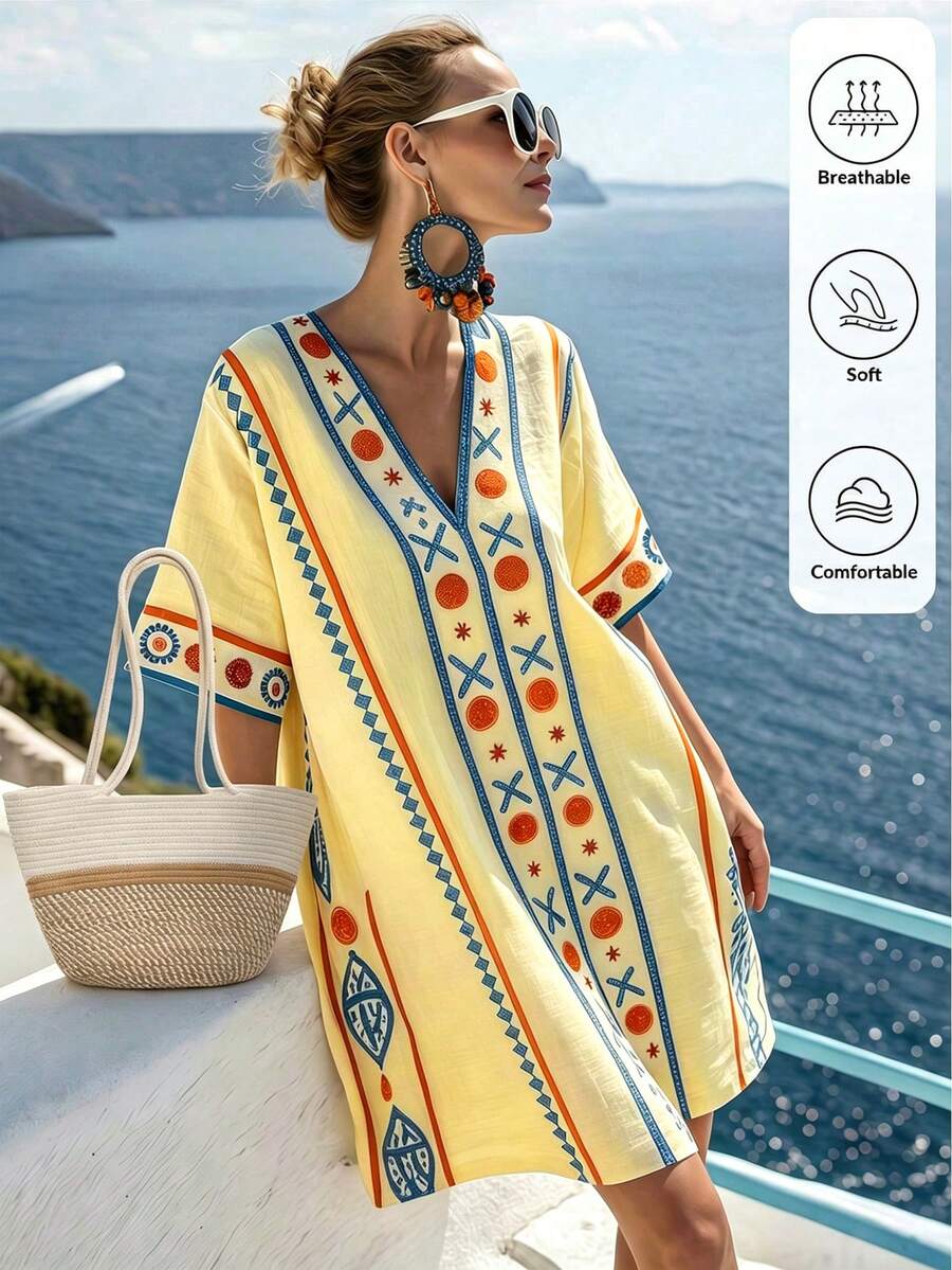 Louniche 女款夏季海灘度假幾何圖案短袖寬鬆洋裝 - 黃色 - 查看 1