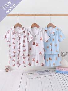 [Random 3 Sets, 1 Set Sent] Young Boy Casual Simple Cute Bear Print Short Sleeve Cardigan And Shorts Loungewear Set, Loose And Comfortable, Suitable For Spring And Summer, Great For Home Or Outings, Sweet And Cozy - Multicolor - View 8