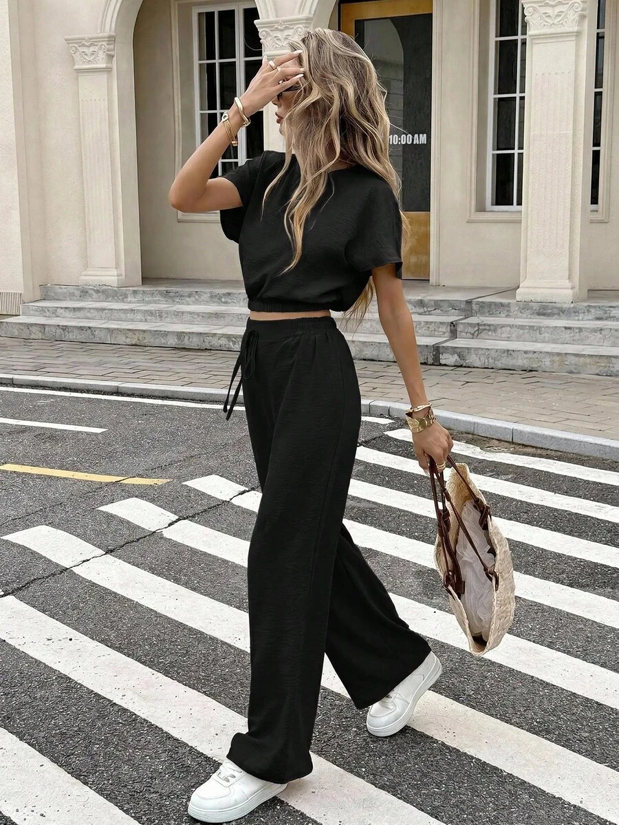 Serisse Batwing Sleeve Crop Top Drawstring Waist Pants Textured Fabric Two Pieces Travel Black Summer Casual - Black - View 1