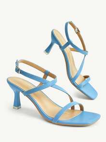 CUCCOO CHICEST French Gentle Blue Stiletto Sandals, Cross-Strap Square Toe Design, Summer Versatile Outer Wear Shoes - Blue - View 10
