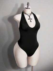SHEIN ICON Plus Size Women's Summer Dark Punk Style Sexy Casual Goth Minimalist Versatile Solid Color Backless Halter Neck Bodysuit Date Night Rave Black - Black - View 5