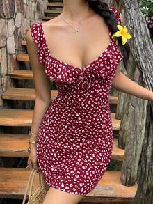 Sunnyshic Amerikanischer Hot Girl Stil V-Ausschnitt Flügelförmige Ärmel Blumenmuster Stoff Sexy Elegant Schlankmachend A-Linie Design Sommer Strand Urlaub Lässig Party Stil Damen Kurz Kleid - Bordeaux - Übersicht 4