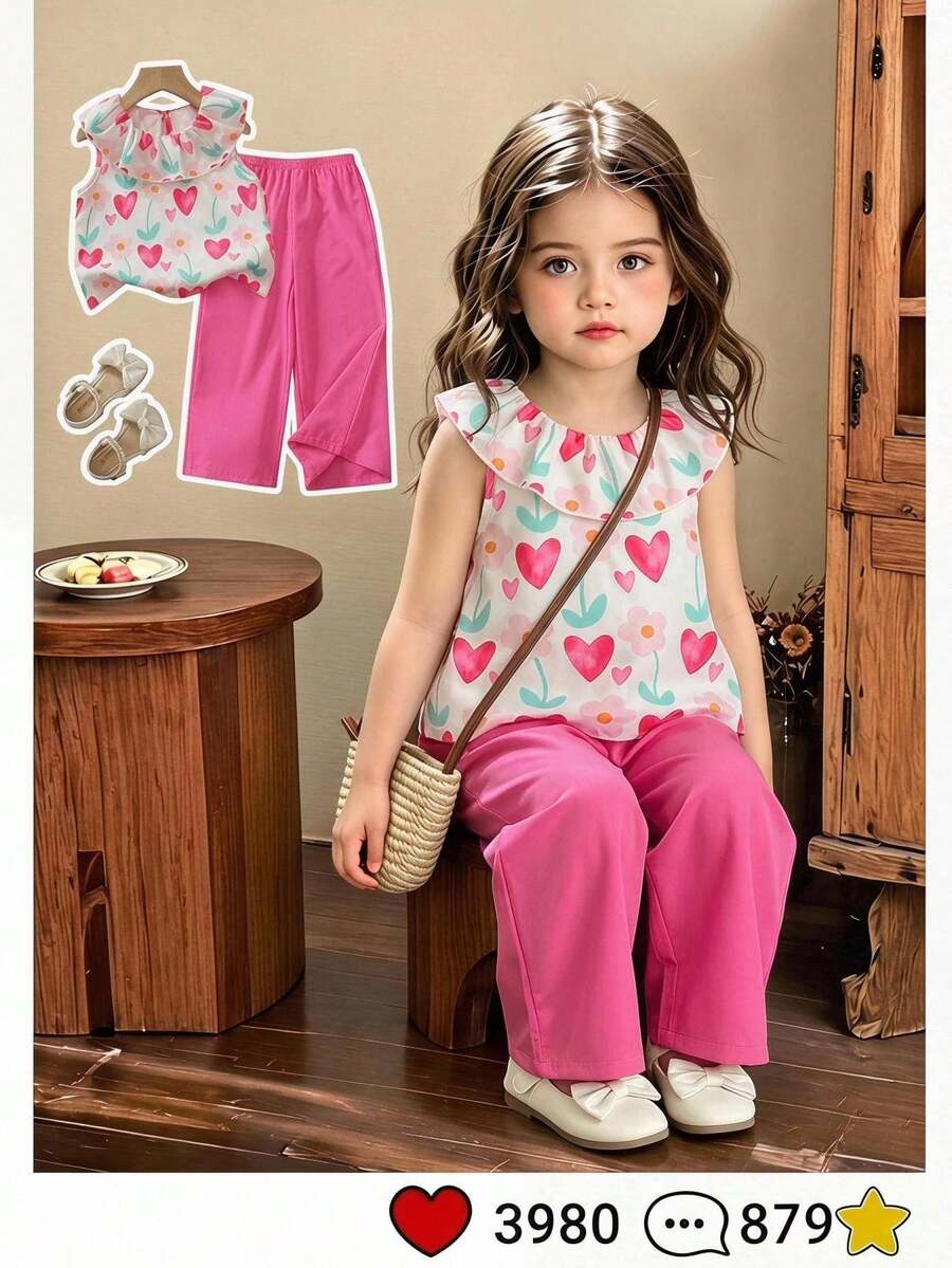 SHEIN Elladie kids 2件組少女夏季新款活力風愛心與花朵印花無袖荷葉領上衣搭配玫瑰粉休閒長褲套裝，適合日常出遊、公園、度假、海灘、派對、開學，春夏季適用