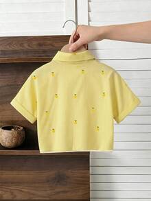 SHEIN Genkimix Kids 1件少女檸檬條紋印花，清新輕盈設計，女孩襯衫，打結下擺設計超級俏皮，適合外出、野餐、派對、日常穿著、返校，春夏季 - 黃色 - 查看 2