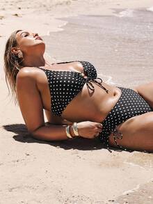 SHEIN BAE CURVE 性感波點細肩帶比基尼，適合夏季海灘度假 - 黑色 - 查看 5