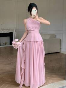 Modelyn Women's One-Shoulder Asymmetric Neckline Ruffle Strap Top And High-Waisted Draped Skorts Set Wedding Formal Christening Pink Summer Romantic Elegant - Pink - View 9