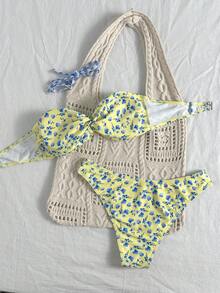 Swim Mod 女款夏季海灘度假花卉印花細肩帶比基尼三角褲兩件式泳衣套裝 奶油黃 性感熱帶風 - 彩色 - 查看 2