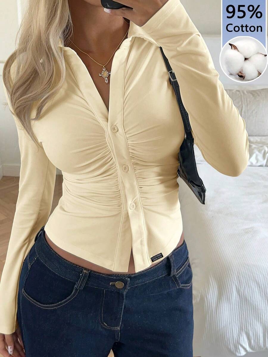 SHEIN EZwear 95%纯棉杏色修身女式长袖T恤,饰有刺绣图案 - 杏色 - 查看 1