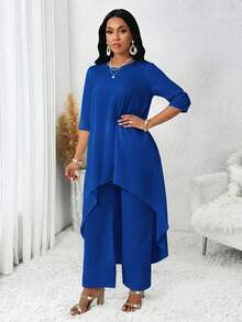 SHEIN Lady 四季秋季女裝套裝 白色長袖不對稱兩件式女套裝 秋季女套裝 女式套裝 女裝套裝 - 寶藍色 - 查看 7
