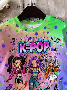 Tween Girl Crew Neck Letter Cartoon Print Short Sleeve T-Shirt And Shorts Casual Daily Set - Multicolor - View 4