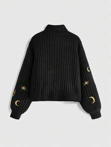 ROMWE Goth Women's Half-High Neck Embroidered Cross Dark Knit Sweater - Black - View 2