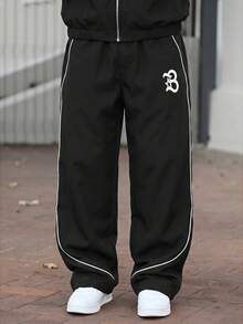 Devon Thys 男士字母印花连帽拉链夹克和撞色滚边长裤套装，男士两件套，男士街头服饰套装，男士运动服套装，慢跑服，男士慢跑套装，防风夹克/户外防风夹克，派克大衣，街头服饰，慢跑，慢跑套装，运动服套装，男士街头服饰两件套，秋季服装 - 黑色 - 查看 1