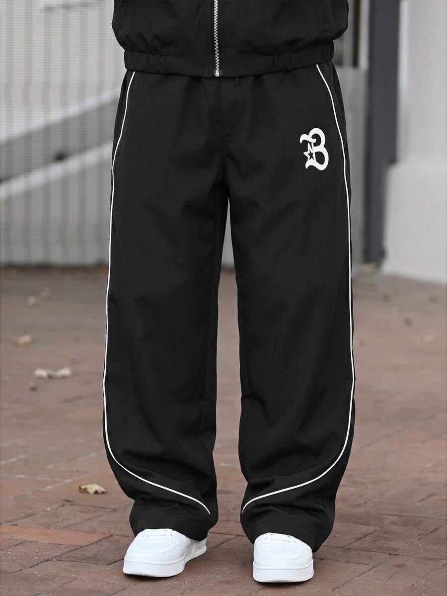 Devon Thys 男士字母印花连帽拉链夹克和撞色滚边长裤套装,男士两件套,男士街头服饰套装,男士运动服套装,慢跑服,男士慢跑套装,防风夹克/户外防风夹克,派克大衣,街头服饰,慢跑,慢跑套装,运动服套装,男士街头服饰两件套,秋季服装 - 黑色 - 查看 1