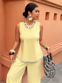Weeklong Plus Size Women's Spring/Summer Sleeveless Long Pants Set With Contrast Trim And Side Slit, Casual Vacation Outfit, Fashionable Streetwear - Yellow - View 5