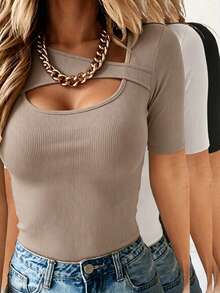 Selamara 3pcs Women Solid Color Hollow Out Fitted Casual Short Sleeve Top Set - Multicolor - View 5