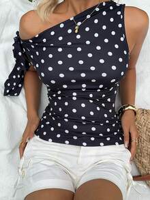 INAWLY Polka Dot Digital Print Fashionable Minimalist Cold Shoulder Top, Gift For Friends - Multicolor - View 5