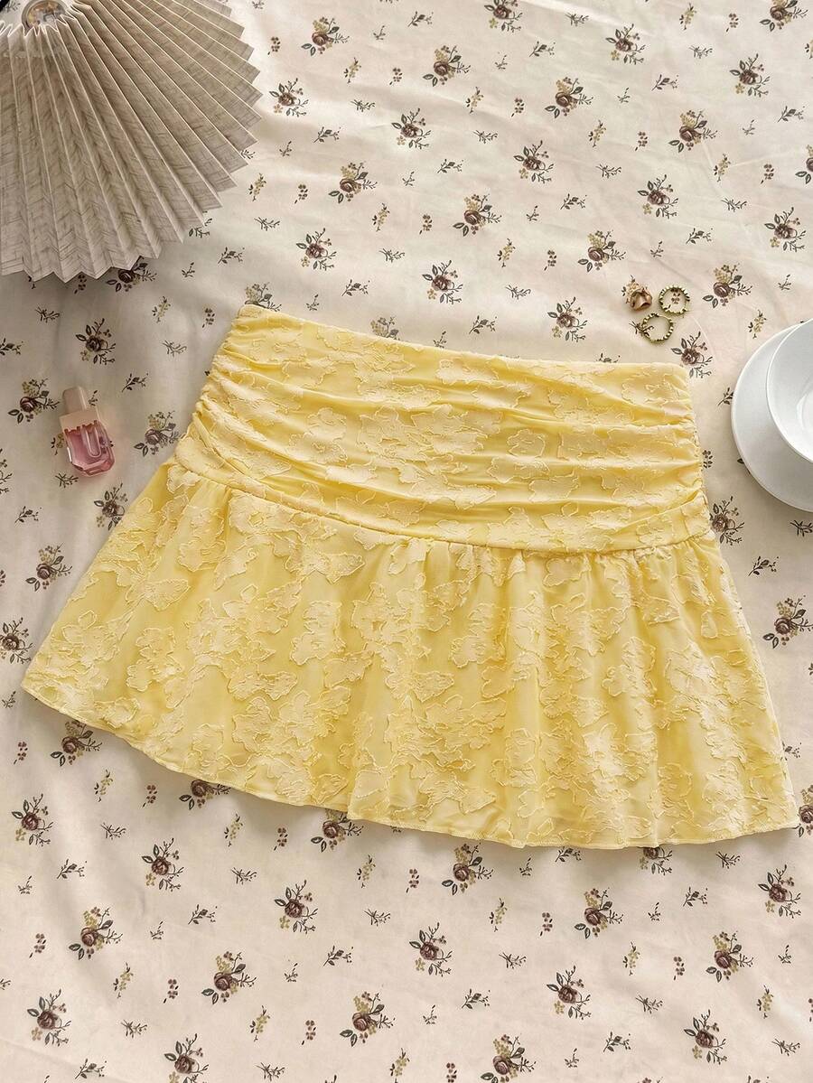Jupe mini taille basse froncée ligne A texture ajourée tricotée blanche décontractée polyvalente pour la maison pour adolescentes, convient pour l'été - Jaune citron - Voir 1