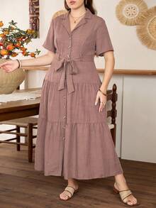 Lacomfia Elegant Waist-Cinching Short Sleeve Split A-Line Plus Size Dress, Suitable For All Occasions In Spring And Summer - Dusty Pink - View 4