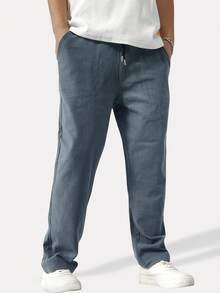 Manfinity Homme Pantalones rectos holgados para hombre con cintura de cordón y unicolor - Azul - Ver 3