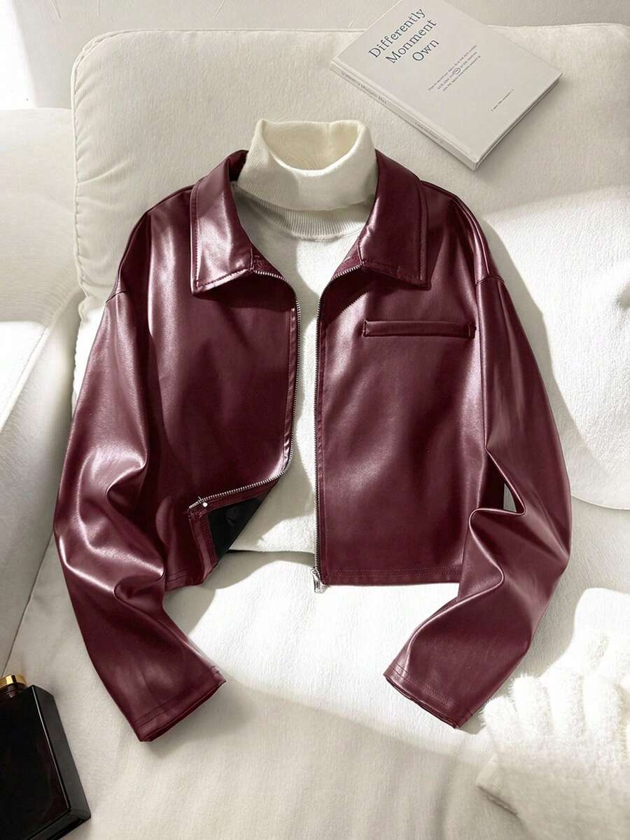 SHEIN Tween Girl 休閒街頭風翻領 PU 金屬拉鍊前開短版秋季夾克外套 黑色 - 紅色 - 查看 1