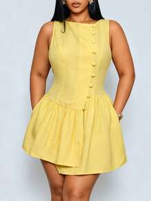 SOLERSUN Plus Size Women's 2026 Girlcore Yellow Textured Mini Dress, Sleeveless Asymmetrical Side Button Placket, Ruffled Hem, Invisible Back Zipper Sunkissed - Yellow - View 6