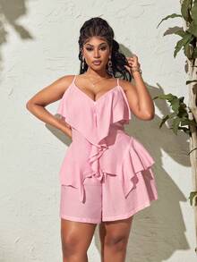 Maweii Plus Size Sexy Elegant Celestial V-Neck Ruffle Asymmetric Camisole Top Shorts 2 Pieces Set Vacation Party Pink Summer - Pink - View 5