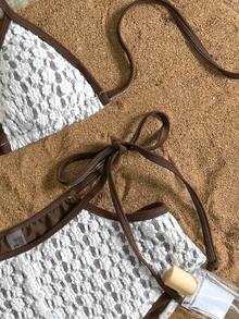 SHEIN Swim 白色蕾丝面料，侧系带设计，优雅性感女士泳装套装 - 彩色 - 查看 5