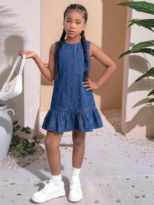 SHEIN Girls' Cherry Embroidered Pattern Dark Blue Denim Sleeveless Loose Ruffle Hem Dress - Blue - View 3
