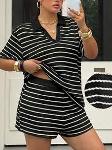 Muchica Plus Size Women's Summer Casual Vacation Daily Commute Color Block Striped Print V-Collar Short Sleeve T-Shirt And Shorts Set - Black - View 1