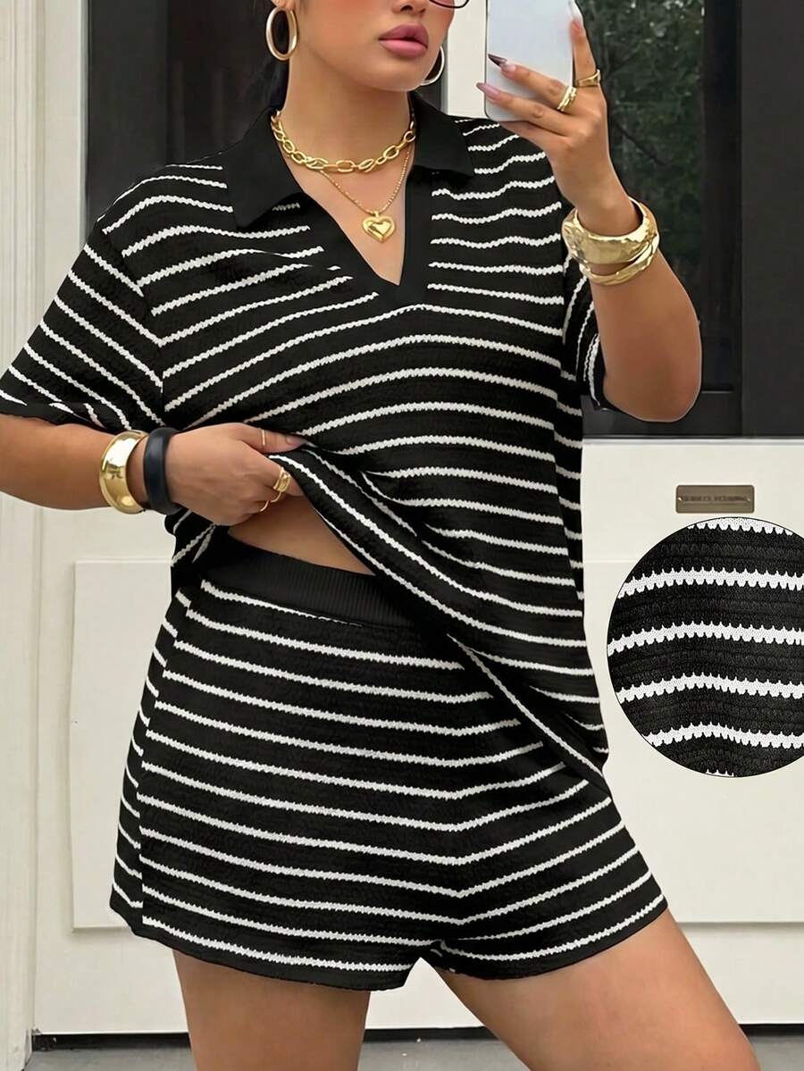 Muchica Plus Size Women's Summer Casual Vacation Daily Commute Color Block Striped Print V-Collar Short Sleeve T-Shirt And Shorts Set - Black - View 1