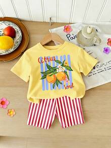 SummerOutfit 春夏秋女童創意個性化手繪藍條紋水果綠葉花朵字母標語印花休閒度假風基本款短T恤與單車短褲套裝 - 彩色 - 查看 4